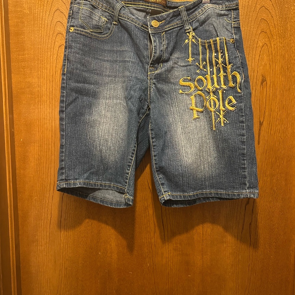 South Pole Blue Denim Shorts with Gold Embroidery
